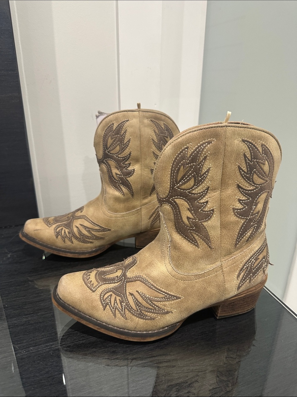 Roper Tan Suede Western Embroidered Ankle Boots